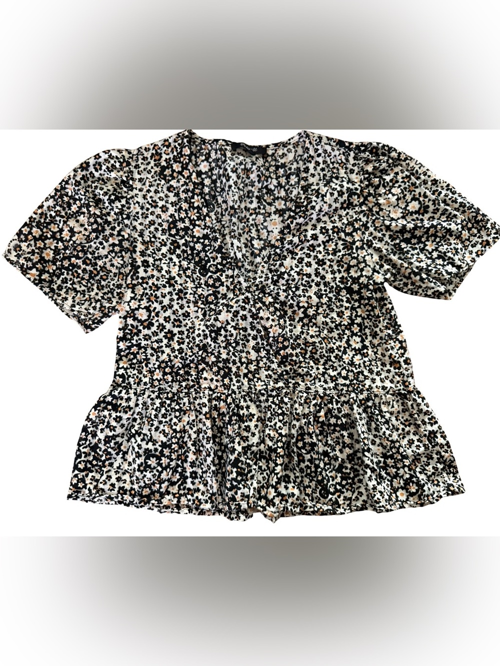 Madewell Floral Wrap Peplum Blouse XS Cotton Ditsy Floral Puff Sleeve Vneck